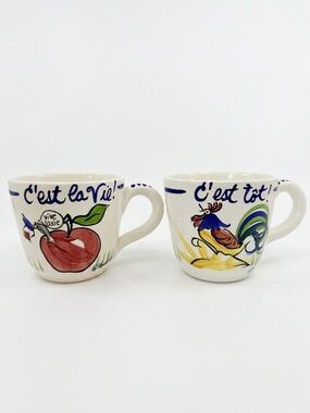 la Madeleine French Lesson Mugs Rooster C'est Tôt & Apple C'est La Vie Set of 2